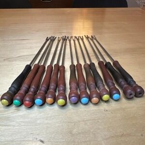 Vintage Set of 13 Stainless Steel Fondue Forks Skewers Reddish Wood Base 9.5"‎